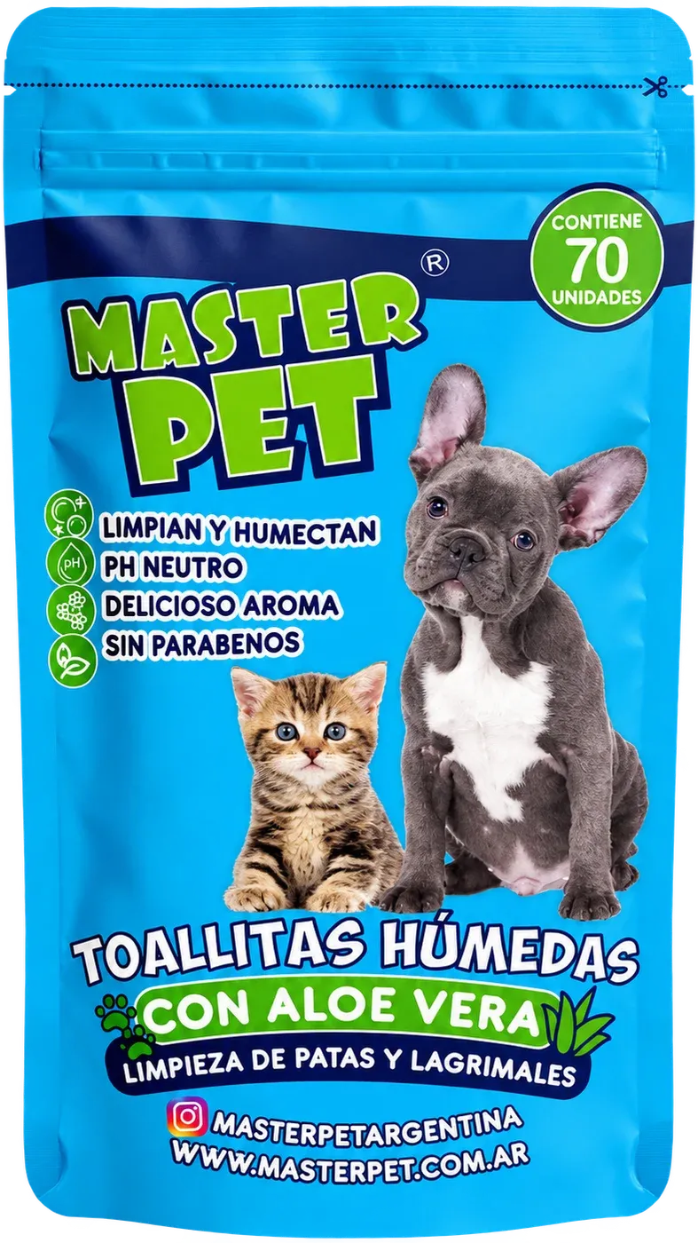 Paquete de Toallitas húmedas Master Pet con aloe vera: 70 toallitas para limpiar patas y lagrimales