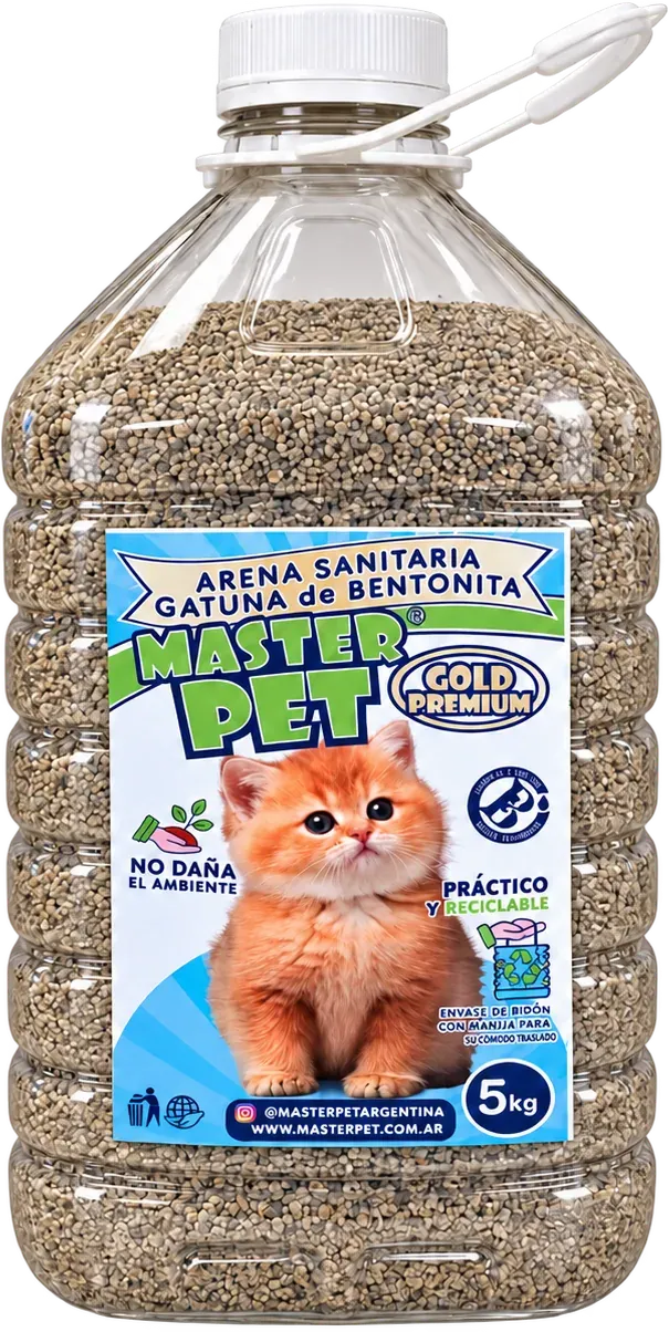 Bidón de 5 kg de Piedritas de bentonita Master Pet, arena sanitaria aglomerante para gatos