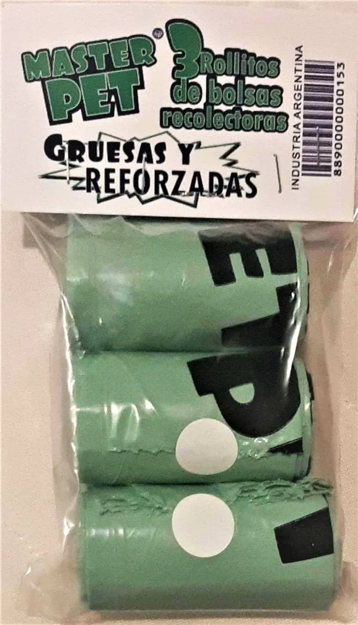 Pack de Bolsitas recolectoras Master Pet: 3 rollos de bolsitas verdes, gruesas y reforzadas, para levantar las heces del perro