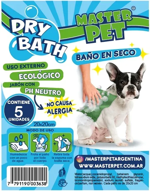 Envase de Dry Bath Master Pet con un bulldog francés blanco y negro: paños jabonosos con jabón de pH neutro