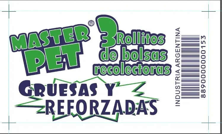 Etiqueta de las Bolsitas recolectoras Master Pet: 3 rollitos de bolsas gruesas y reforzadas, industria argentina