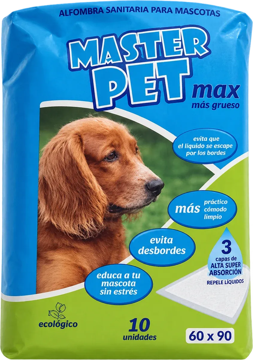 Frente del paquete de Master Pet Max, más grueso: paños de 3 capas que evitan que el líquido se escape por los bordes