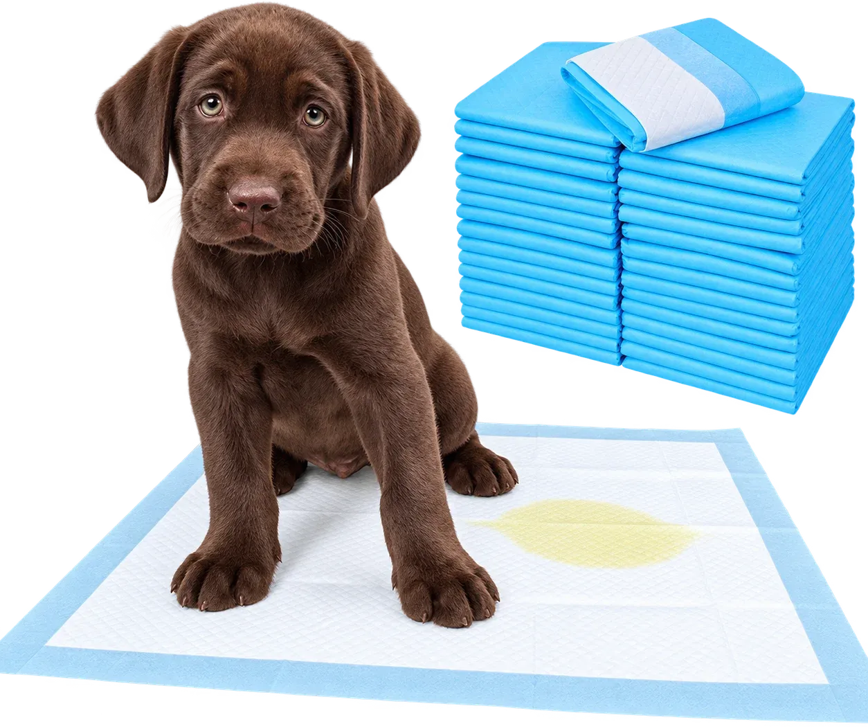 Cachorro de labrador chocolate sentado sobre un paño sanitario Master Pet con una mancha de pis