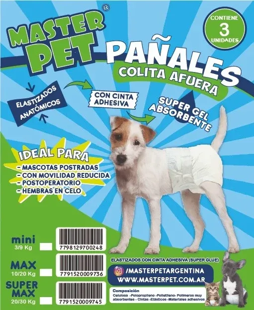 Frente del envase de Pañales Colita Afuera: ideales para mascotas postradas, con movilidad reducida, en postoperatorio o en celo