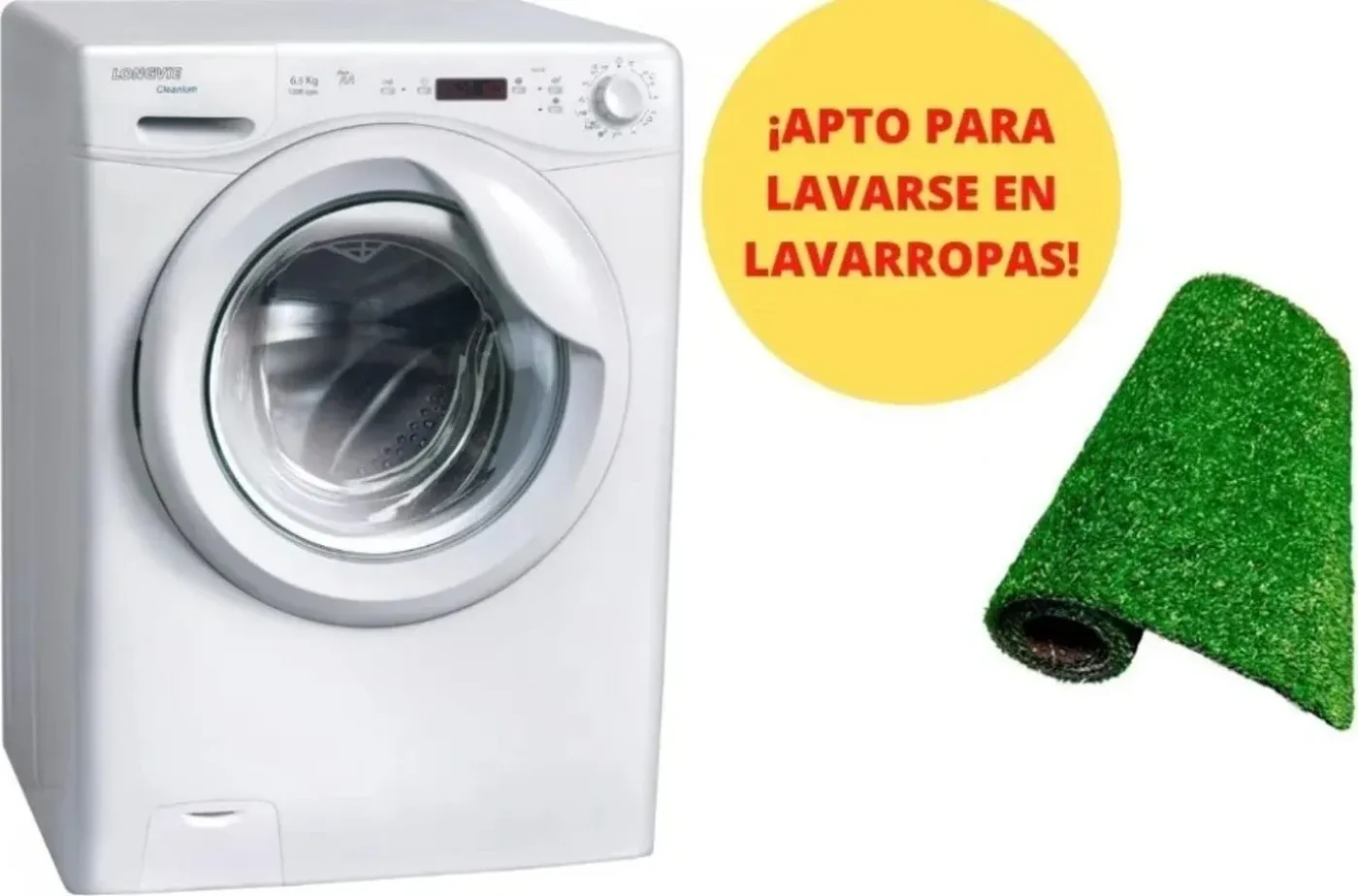 Césped sintético de la carpeta Master Pet enrollado junto a un lavarropas: se puede lavar en el lavarropas